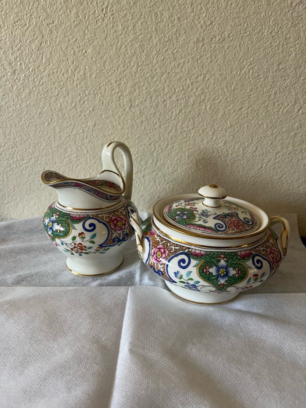 Antique Minton sugar bowl and creamer set, multi color